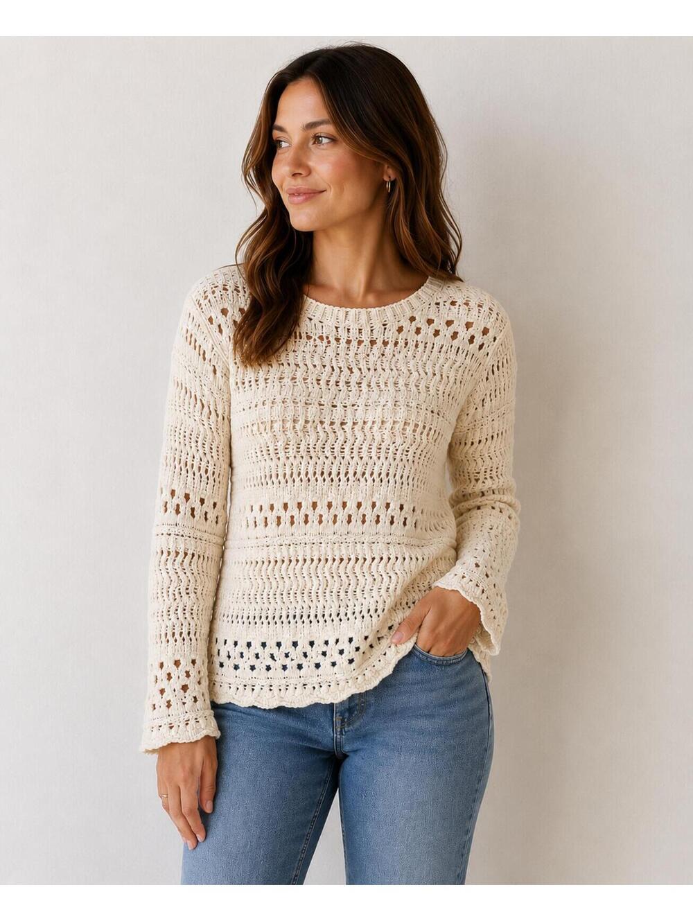 Creamโ Open Knit Crochet Sweater Boho Cottagecore Pullover Size M